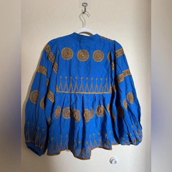Oliphant Mandarin Balloon Sleeve Top Sz Medium Soleil Blue Cotton Boho Flowy - Picture 8 of 9
